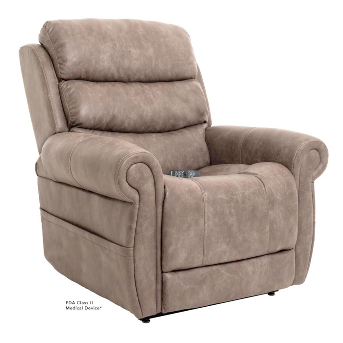 The Pride Mobility VivaLift!® Tranquil 2 Recliner with Lift Assist is a plush taupe chair with padded armrests, suede-like texture, and a sophisticated design. Text on the lower left corner reads, FDA Class II Medical Device.