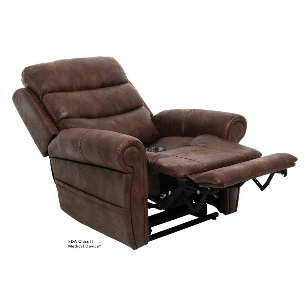 The Pride Mobility VivaLift!® Tranquil 2 Recliner with Lift Assist is a brown leather chair with padded cushions, extended footrest, plush armrests, visible stitching, and a sophisticated design for personalized comfort.