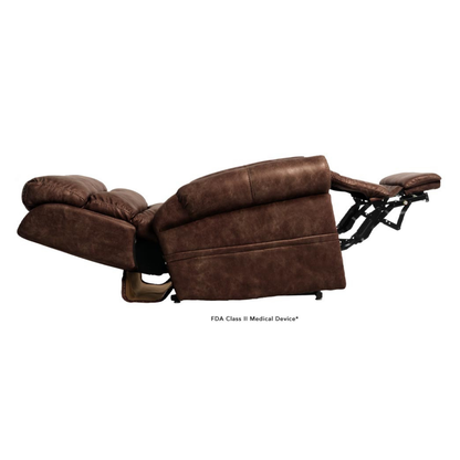 The Pride Mobility VivaLift!® Tranquil 2 Recliner with Lift Assist is shown in brown leather, fully extended with raised footrest and tilted backrest, side profile against a white background to highlight its sophisticated design.