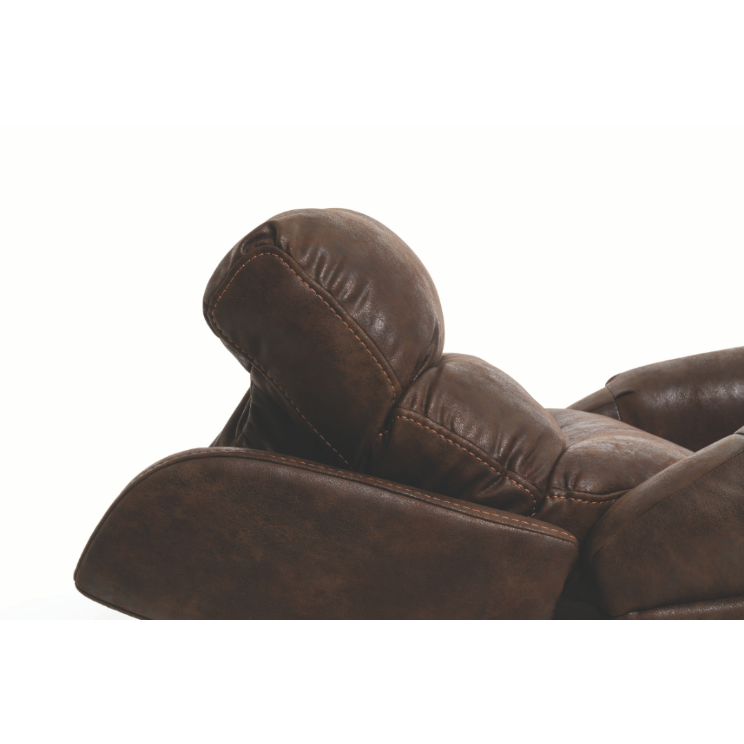 Close-up of the Pride Mobility VivaLift!® Tranquil 2 Recliner with Lift Assist in brown leather, highlighting its padded headrest, armrest, and stitching details on a white background for a blend of sophisticated design and personalized comfort.