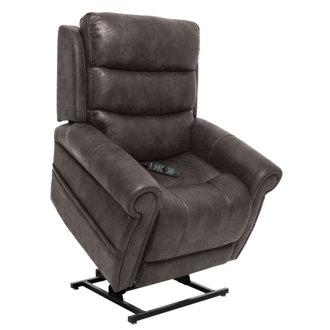 The Pride Mobility VivaLift!® Tranquil 2 Recliner with Lift Assist in dark brown leather features thick padding, wide armrests, and a remote control on the seat for personalized comfort, shown partially lifted.