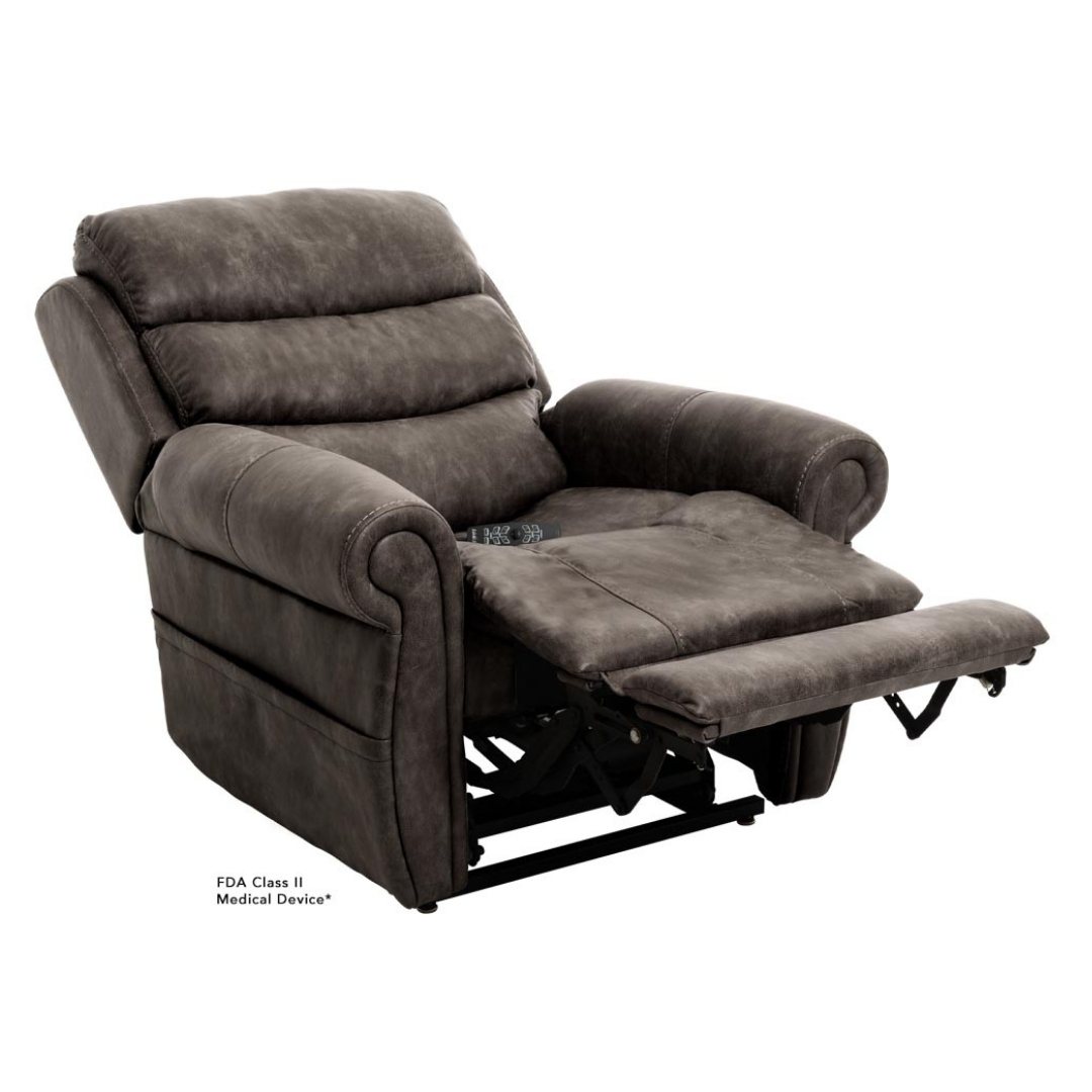 The Pride Mobility VivaLift!® Tranquil 2 Recliner with Lift Assist, shown in plush dark brown upholstery, features padded armrests and an extended footrest in a partially reclined position, blending style with personalized comfort.
