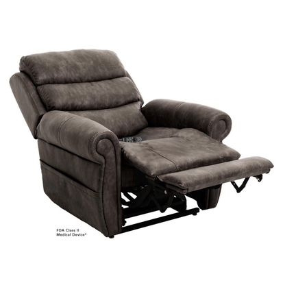 The Pride Mobility VivaLift!® Tranquil 2 Recliner with Lift Assist, shown in plush dark brown upholstery, features padded armrests and an extended footrest in a partially reclined position, blending style with personalized comfort.
