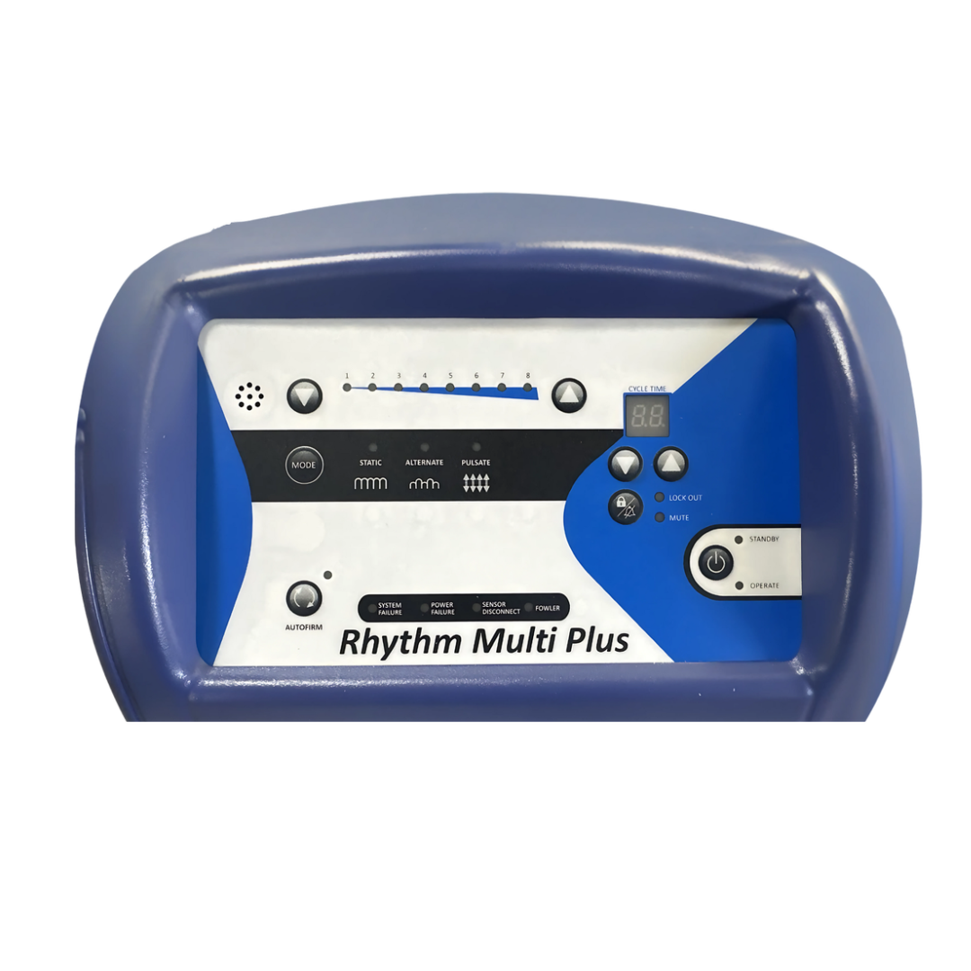 Blue and white Prius Rhythm Multi Plus control panel with buttons, switches, LED indicators, a digital display, and mode settings housed in a rounded casing—engineered for seamless integration with the Prius Rhythm Multi Plus Bariatric Pressure Redistribution Mattress to deliver optimal pressure redistribution.