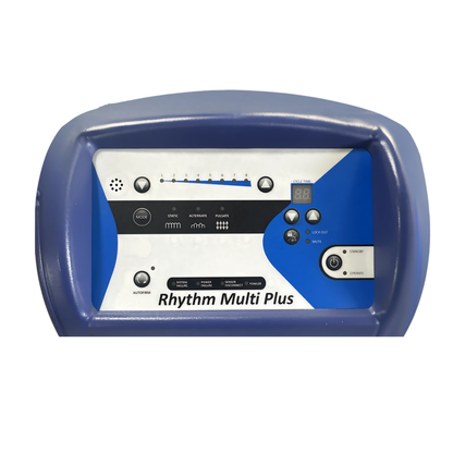 Blue and white Prius Rhythm Multi Plus control panel with buttons, switches, LED indicators, a digital display, and mode settings housed in a rounded casing—engineered for seamless integration with the Prius Rhythm Multi Plus Bariatric Pressure Redistribution Mattress to deliver optimal pressure redistribution.