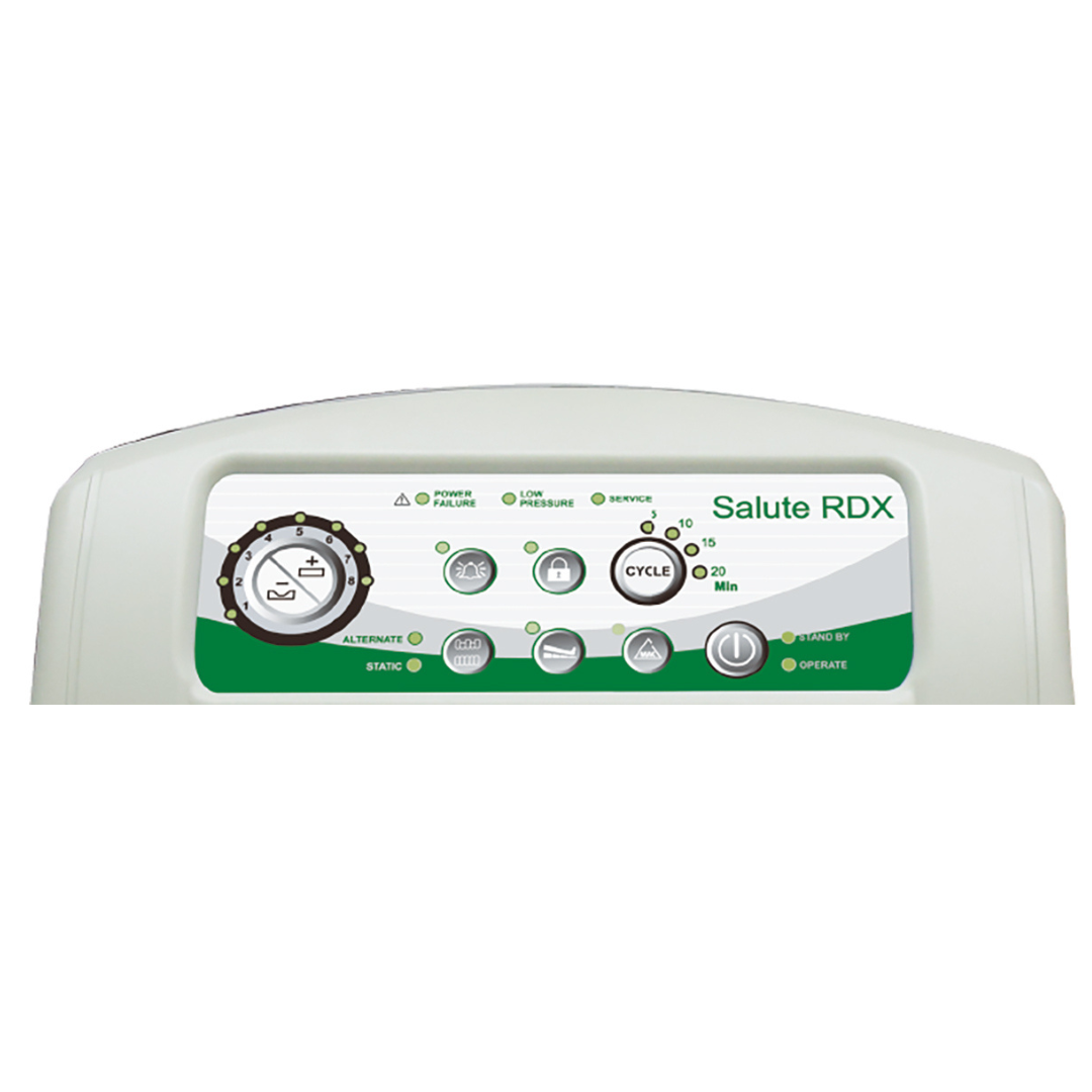 Close-up of the Prius Salute RDX Alternating Pressure Mattress System interface features buttons and indicators. The sleek panel, accented in green, includes controls for pressure relief levels and cycle time, plus status lights for power, low pressure, and service—perfect for medical care environments.