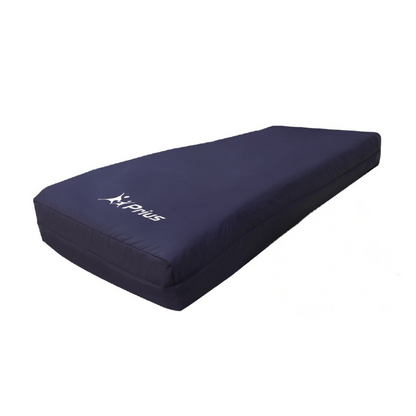 The Prius Salute RDX Alternating Pressure Mattress System is a dark blue mattress with a simple design, slightly raised profile, and a small white corner logo. Its smooth fabric offers alternating pressure technology for better heel protection.