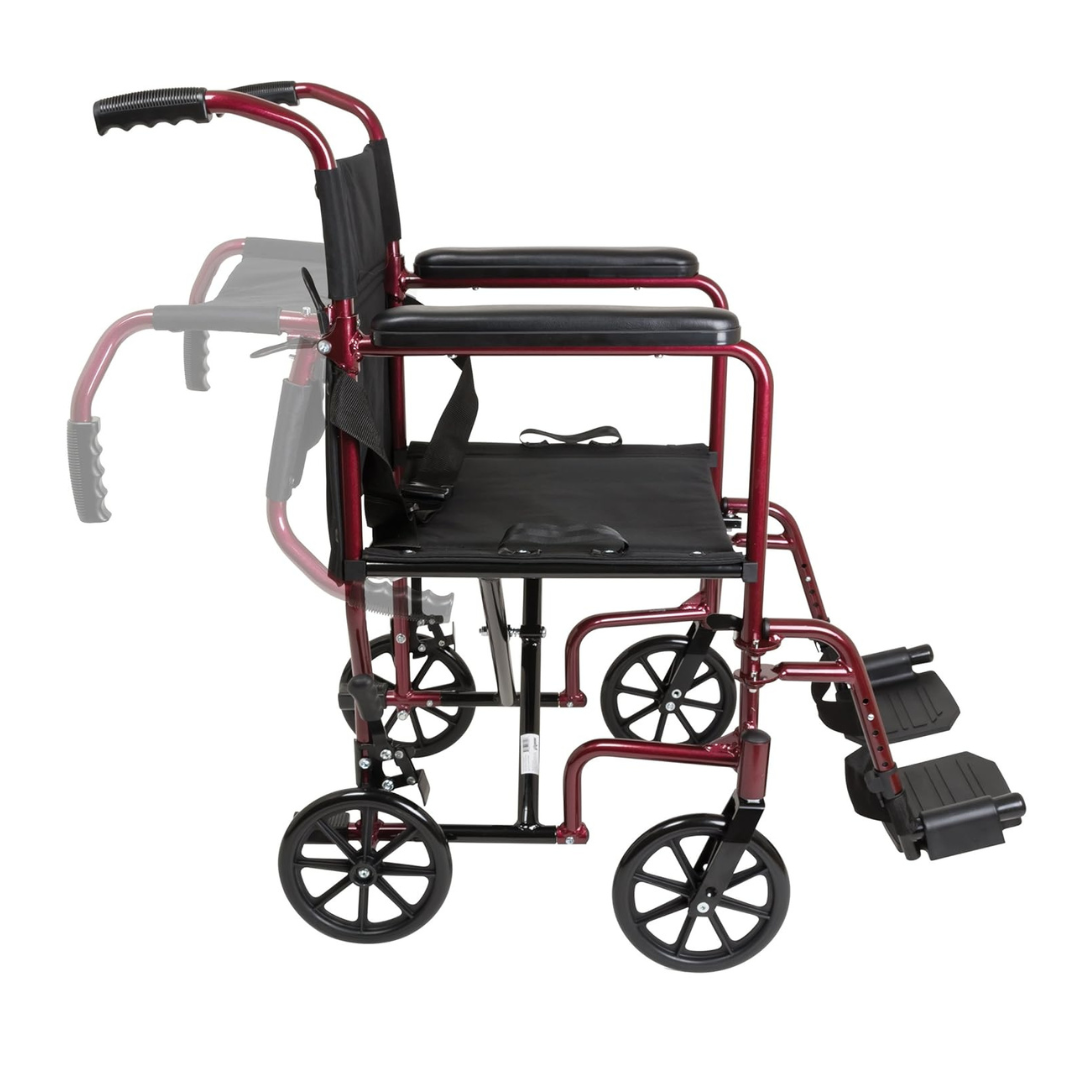 Side view of the ProBasics Aluminum Lightweight Transport Chair with a red frame, black seat, armrests, footrests, and four black wheels, shown partially folded to showcase its convenient folding design.