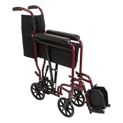 The ProBasics Aluminum Lightweight Transport Chair features small wheels, a maroon frame, and black seat and armrests, and is foldable for easy storage or transport.