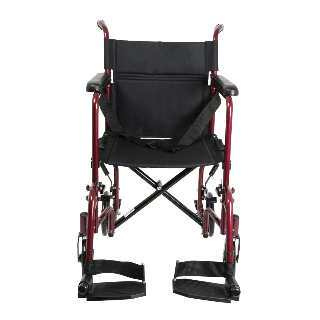 The ProBasics Aluminum Lightweight Transport Chair, shown from the front against a white background, features a black seat, footrests, a red metal frame, and a folding design for convenience and portability.