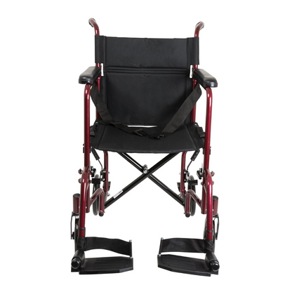The ProBasics Aluminum Lightweight Transport Chair, shown from the front against a white background, features a black seat, footrests, a red metal frame, and a folding design for convenience and portability.