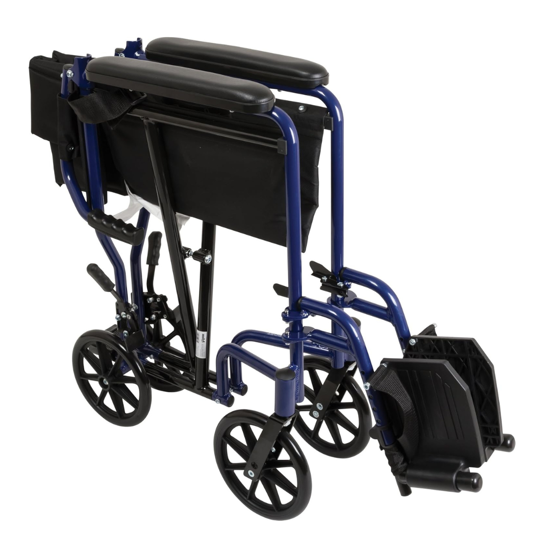The ProBasics Aluminum Lightweight Transport Chair, shown folded compactly in blue and black, features upright footrests and small wheels for easy transport.