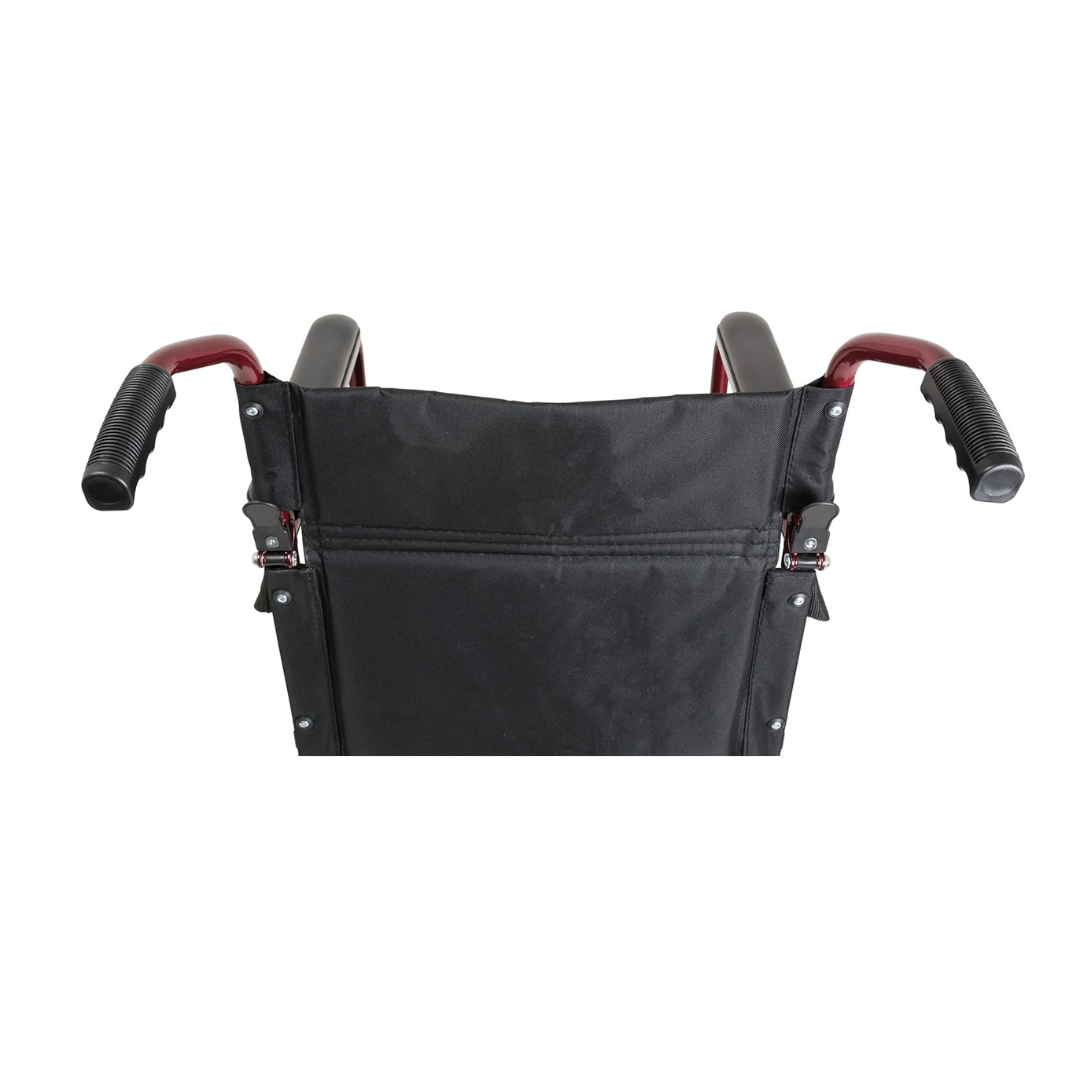 Close-up view of the ProBasics Aluminum Lightweight Transport Chair’s back, highlighting its handles and backrest against a white background.