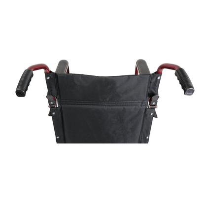 Close-up view of the ProBasics Aluminum Lightweight Transport Chair’s back, highlighting its handles and backrest against a white background.