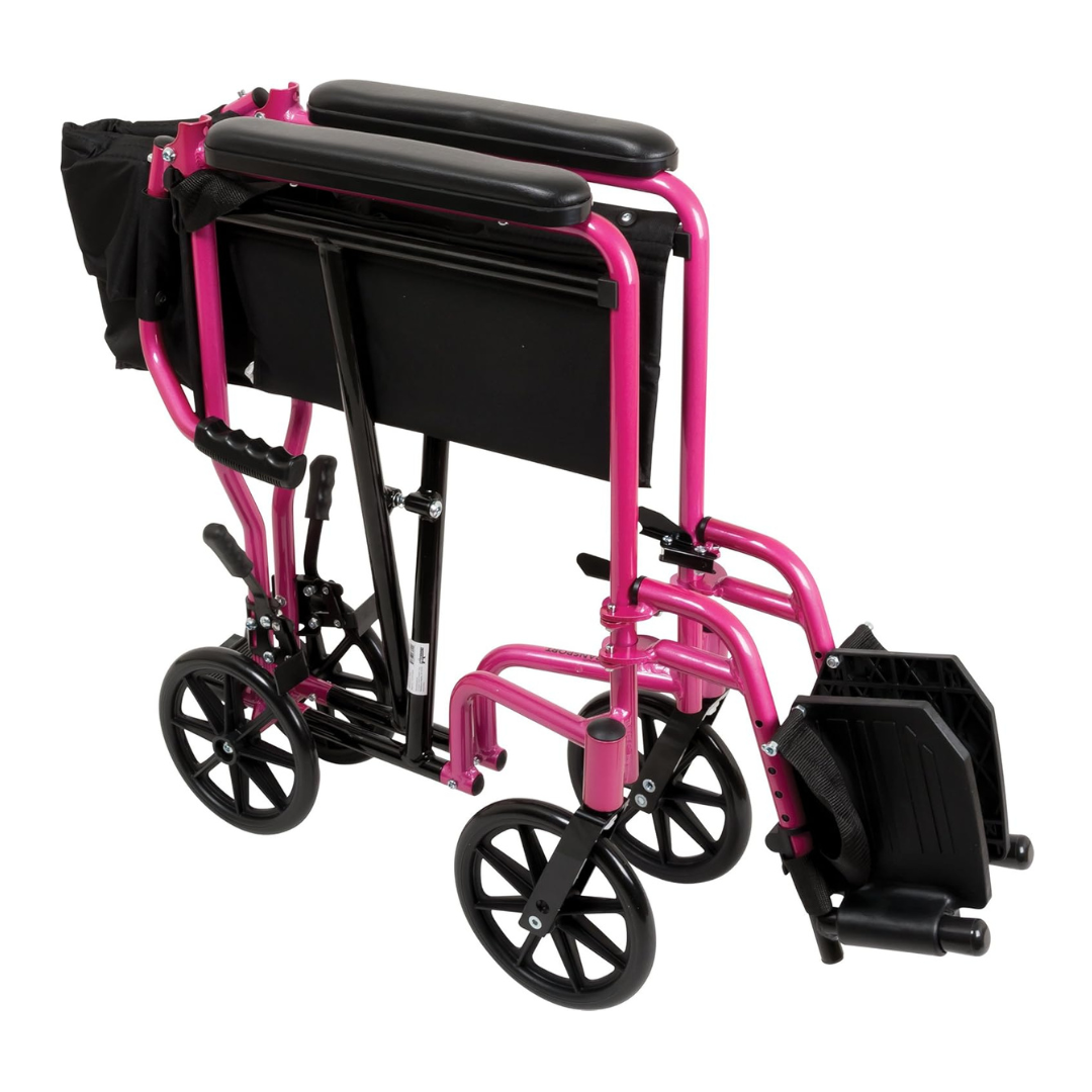 The ProBasics Aluminum Lightweight Transport Chair is shown folded for storage or transport, featuring a bright pink frame, black seat, backrest, and armrests, four black wheels, and folded footrests.