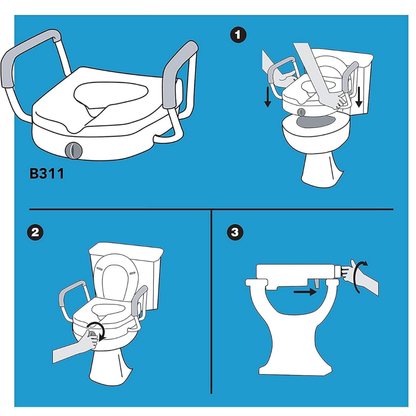 Instructional diagram for the ProBasics E-Z Lock 4.5 Raised Toilet Seat with Handles: position the seat on the toilet, attach with side clamps, then turn the front knob to lock it securely in place.