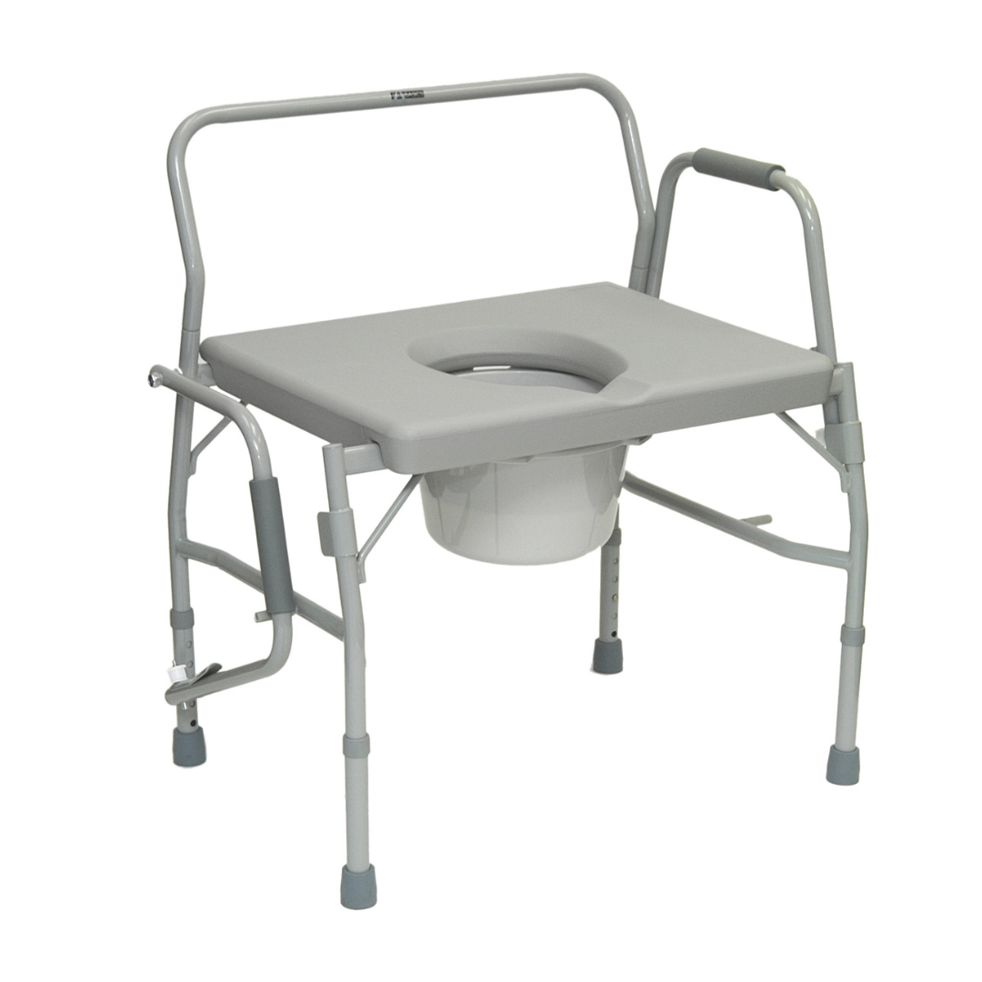 The ProBasics Bedside Bariatric Drop-Arm Commode is a gray, heavy-duty chair with an extra wide frame, adjustable drop arms, removable seat, and a bucket below for waste collection.