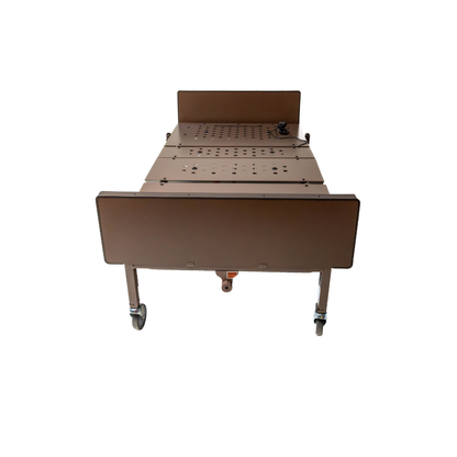 The ProBasics 42 Bariatric Full Electric Homecare Bed is a brown metal, extra-wide hospital bed with wheels, a ventilated flat surface, and an attached side rail, shown from the front against a white background.