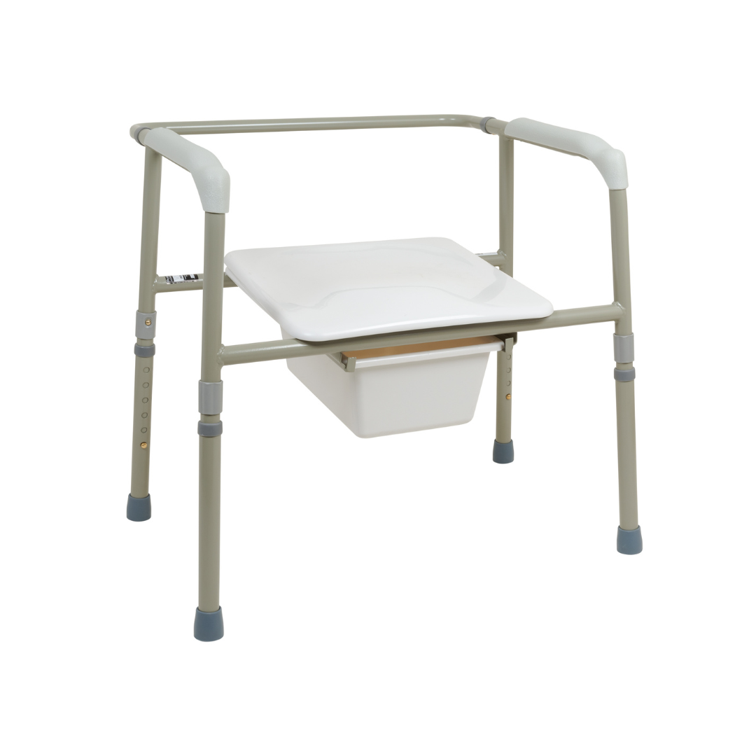 The ProBasics Bariatric Three-in-One Commode features a heavy-duty metal frame, adjustable legs, a white seat, and a removable waste bucket for convenient bedside use.