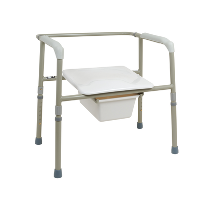 The ProBasics Bariatric Three-in-One Commode features a heavy-duty metal frame, adjustable legs, a white seat, and a removable waste bucket for convenient bedside use.