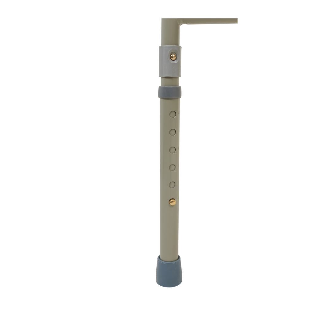 A close-up of an adjustable aluminum cane leg with a rubber tip and height adjustment holes—perfect for use with the ProBasics Bariatric Three-in-One Commode.
