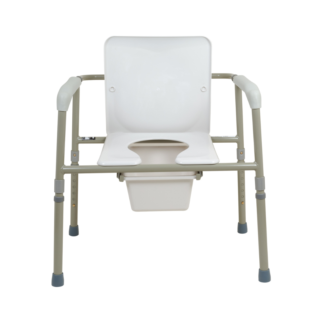 The ProBasics Bariatric Three-in-One Commode features a white plastic seat and backrest, gray adjustable metal legs, and a removable waste container for easy cleaning, making it ideal as a portable bedside commode chair.
