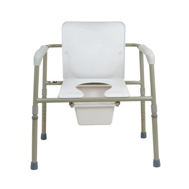 The ProBasics Bariatric Three-in-One Commode features a white plastic seat and backrest, gray adjustable metal legs, and a removable waste container for easy cleaning, making it ideal as a portable bedside commode chair.