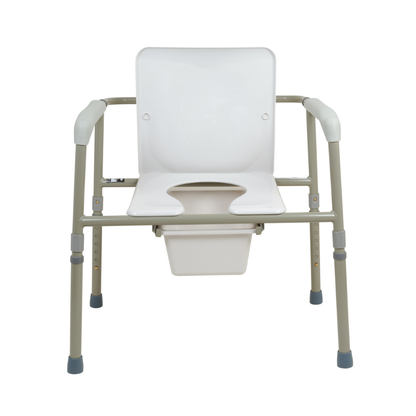 The ProBasics Bariatric Three-in-One Commode features a white plastic seat and backrest, gray adjustable metal legs, and a removable waste container for easy cleaning, making it ideal as a portable bedside commode chair.