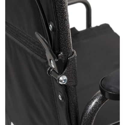 Close-up of the locking mechanism on the ProBasics Folding Bariatric Transport Chair with Desk Arms, showing its metal frame, screws, fabric upholstery, and durable 12-inch rear wheels.