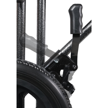 Close-up of a textured black metal lever mechanism beside the 12-inch rear wheels of the ProBasics Folding Bariatric Transport Chair with Desk Arms, showing the lever in two positions to illustrate its movement or adjustment.