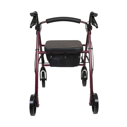 A front view of the ProBasics Deluxe Lightweight Aluminum Rollator with 8 wheels, maroon frame, padded seat, black handles, and a storage pouch under the seat.