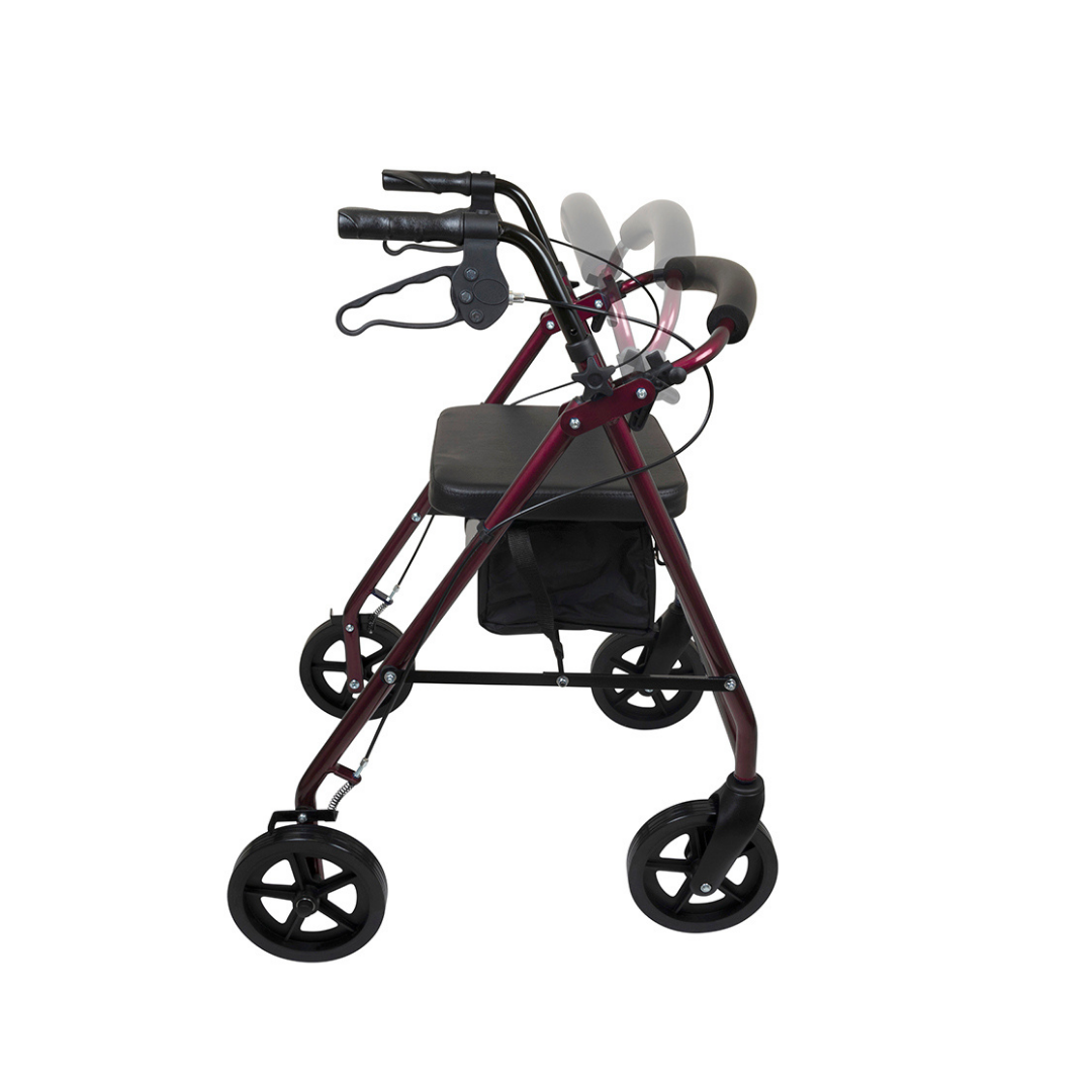 The ProBasics Deluxe Lightweight Aluminum Rollator with 8 wheels, hand brakes, a padded seat, storage pouch, and adjustable handle heights is shown in red with black wheels.
