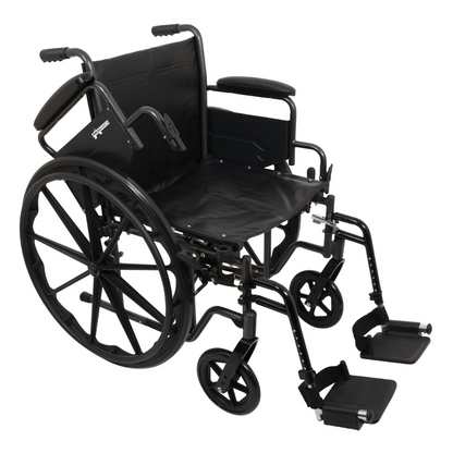 A ProBasics Standard Hemi K2 Wheelchair in black, featuring large rear wheels, small front wheels, armrests, and swing-away footrests, is angled on a white background.