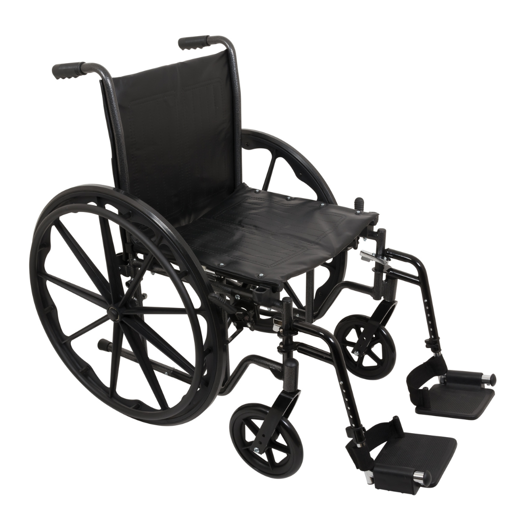 A ProBasics Standard Hemi K2 Wheelchair in black, featuring large rear wheels, small front casters, armrests, and swing-away footrests, is displayed on a white background.