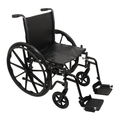 A ProBasics Standard Hemi K2 Wheelchair in black, featuring large rear wheels, small front casters, armrests, and swing-away footrests, is displayed on a white background.