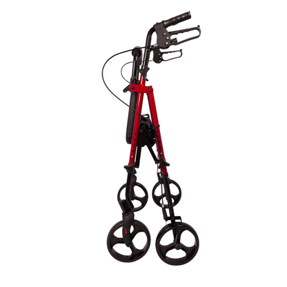 The ProBasics Lightweight Height Adjustable Rollator, in red and black with four wheels and an ergonomic design, is shown standing folded against a white background.
