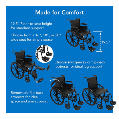 The ProBasics K1 Lightweight Portable Wheelchair features a 19.5” floor-to-seat height, seat width options of 16”, 18”, or 20”, swing-away footrests, and removable flip-back armrests for comfort.