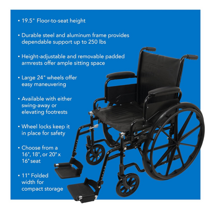 The ProBasics K1 Lightweight Portable Wheelchair in black features padded armrests, large rear wheels, swing-away footrests, and comes with foldability, durability, multiple size options, and a 250-lb weight capacity.