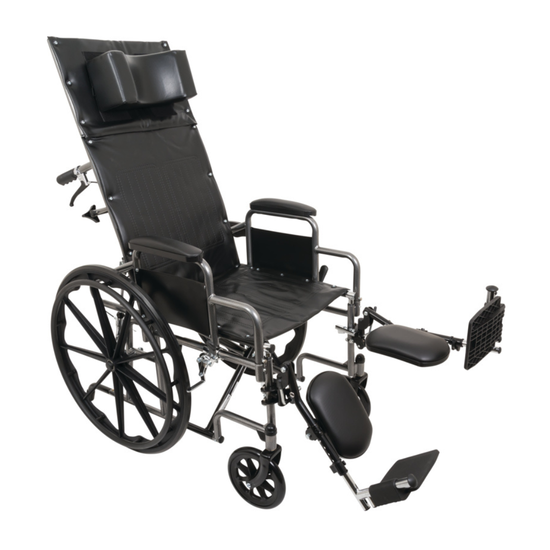 The ProBasics Reclining Wheelchair with Removable Desk Arms features a durable steel frame, elevated leg rests, padded armrests, headrest extension, and large rear wheels, shown against a white background.