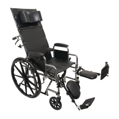 The ProBasics Reclining Wheelchair with Removable Desk Arms features a durable steel frame, elevated leg rests, padded armrests, headrest extension, and large rear wheels, shown against a white background.