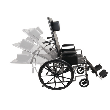 The ProBasics Reclining Wheelchair with Removable Desk Arms is shown in various reclined positions, showcasing its adjustable backrest, durable steel frame, and tilting feature for enhanced user comfort and support.