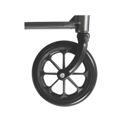 Close-up of a black plastic caster wheel attached to the durable steel frame of the ProBasics Reclining Wheelchair with Removable Desk Arms, isolated on a white background.