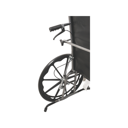 Close-up of the ProBasics Reclining Wheelchair with Removable Desk Arms, showing a large rear wheel, handle, armrest, and part of the backrest with a durable steel frame, set against a white background.