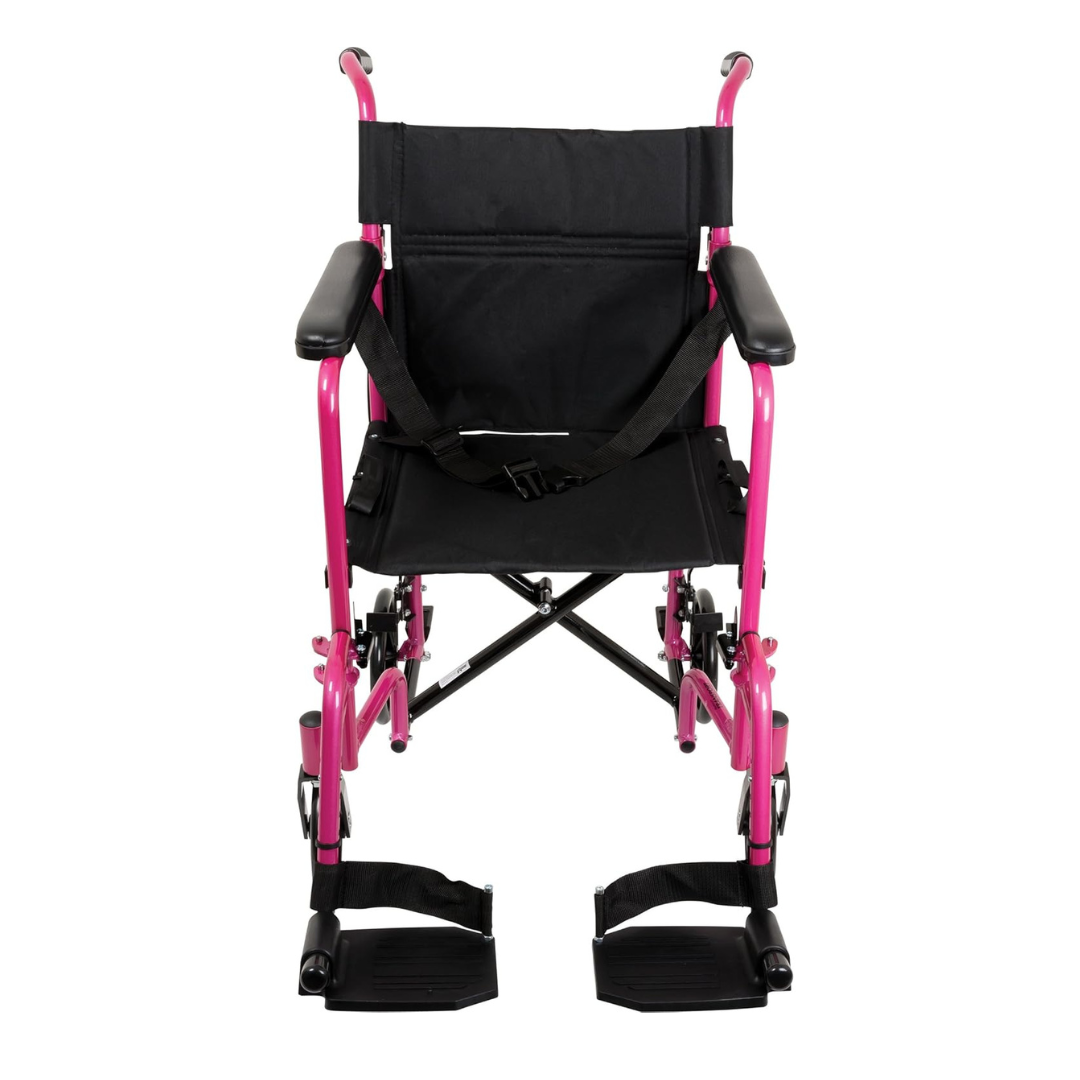 The ProBasics Aluminum Lightweight Transport Chair, shown from the front on a white background, features a pink frame with black seat, armrests, footrests, and seatbelt.