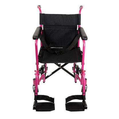 The ProBasics Aluminum Lightweight Transport Chair, shown from the front on a white background, features a pink frame with black seat, armrests, footrests, and seatbelt.