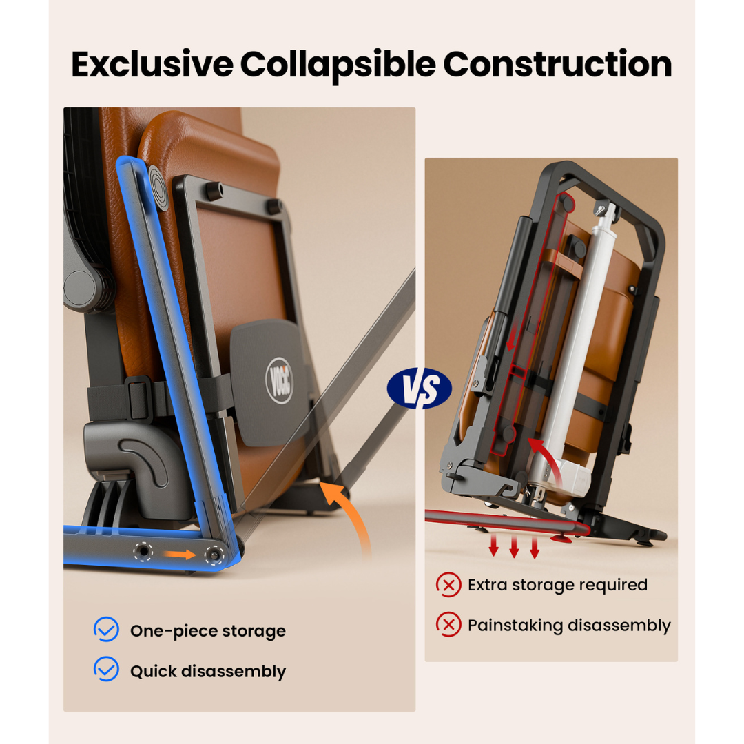 Comparison of two collapsible device stands: the left features a simple design with integrated one-piece storage and quick disassembly, offering convenience similar to the Pro Sit-to-Stand Portable Bariatric Patient Lift Chair | VOCIC AX15; the right displays a bulkier build requiring additional storage space and more complex disassembly.
