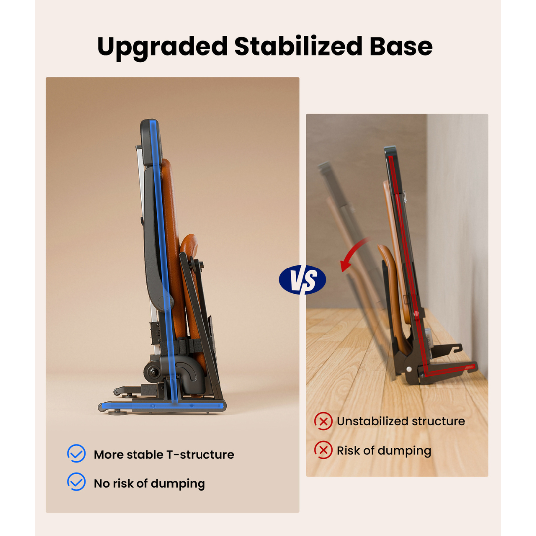 Two cleaning tools side by side: the left one features a blue, stable T-shaped base labeled “No risk of dumping”—demonstrating reliability akin to the Pro Sit-to-Stand Portable Bariatric Patient Lift Chair | VOCIC AX15. The right tool has a red, unstable base with a visible “Risk of dumping” warning. The text emphasizes the upgraded stabilized base for enhanced safety and peace of mind, just like you’d expect from a trustworthy VOCIC AX15 lift chair.