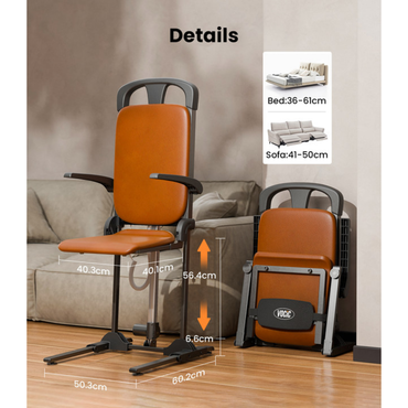 Two brown and black adjustable Pro Sit-to-Stand Portable Bariatric Patient Lift Chairs | VOCIC AX15 are displayed: one in the open position, the other folded. Dimensions are indicated, with smaller images highlighting suggested bed and sofa heights. The scene is set in a room with a wooden floor and beige wall—an ideal backdrop to showcase the versatility of the VOCIC AX15 lift chair.