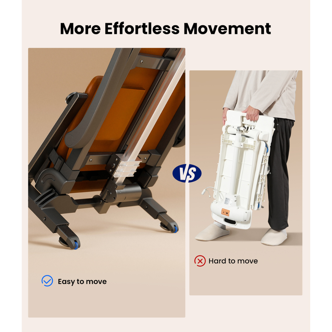 A comparison of two foldable beds: one with wheels labeled “Easy to move” and one being carried by a person, labeled “Hard to move.” Text above reads, “More Effortless Movement.” Perfect for pairing with the Pro Sit-to-Stand Portable Bariatric Patient Lift Chair | VOCIC AX15 for convenient mobility solutions.