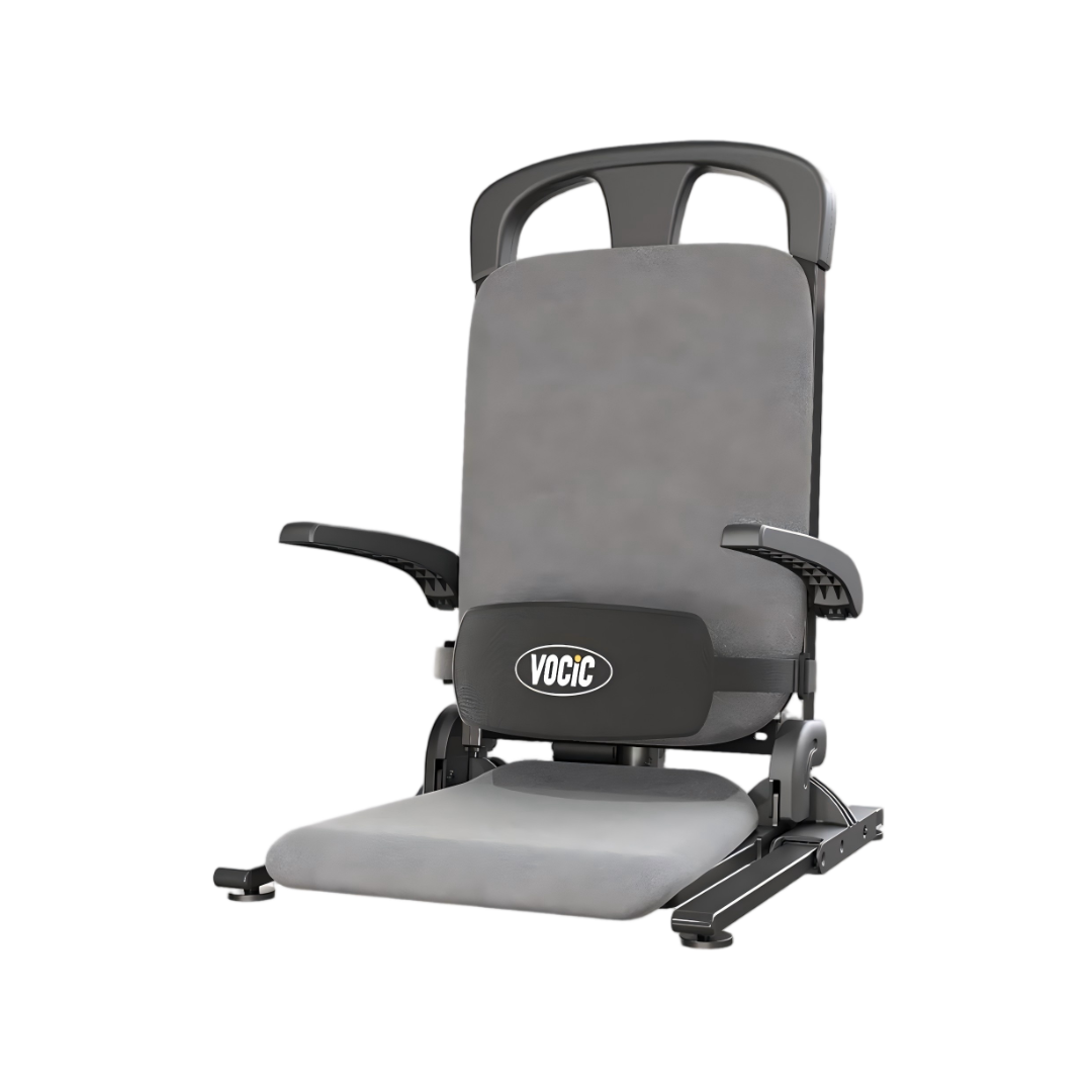 A gray Pro Sit-to-Stand Portable Bariatric Patient Lift Chair with armrests, a high backrest, and a flat seat designed for mobility assistance; this VOCIC AX15 chair features sit-to-stand lift functionality and displays the VOCIC brand name on the front.